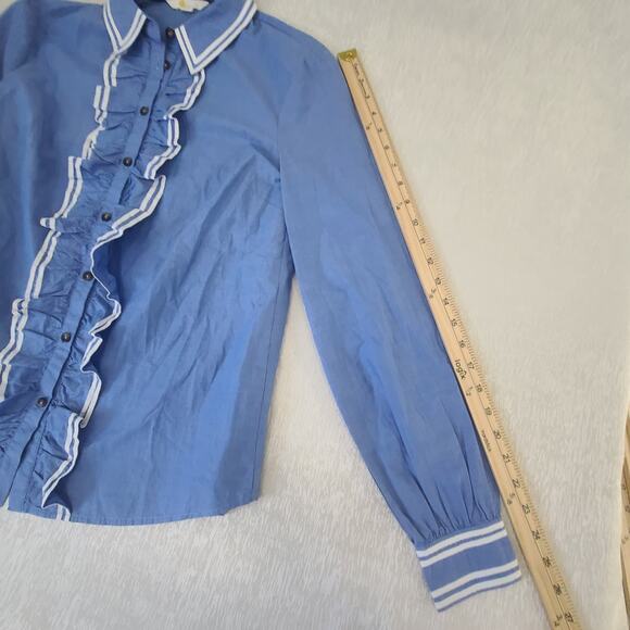 Boden Chambray Ruffled long sleeve blouse blue Sz 6 Preppy Cottagecore Coquette - Picture 4 of 10